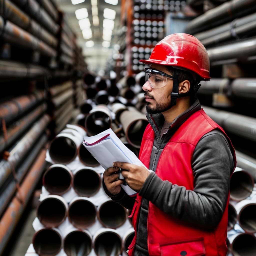 Trabajador en un almacén de tuberías, usando casco y gafas de seguridad, revisando apuntes frente a filas de tubos de acero.